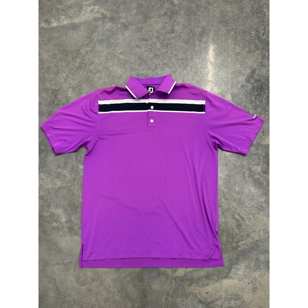 FJ FootJoy Golf Polo Shirt Mens L Performance Purple Black White Striped P Logo‎